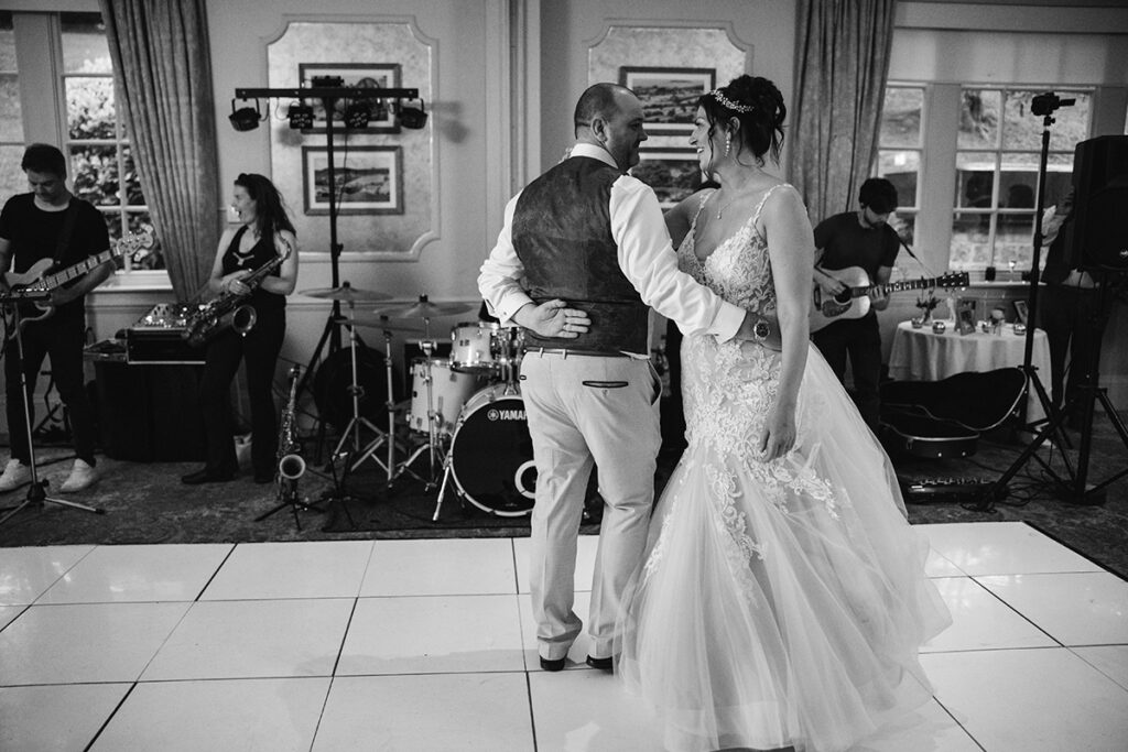 Bride and groom first dance at Wood Hall Wetherby with live wedding band